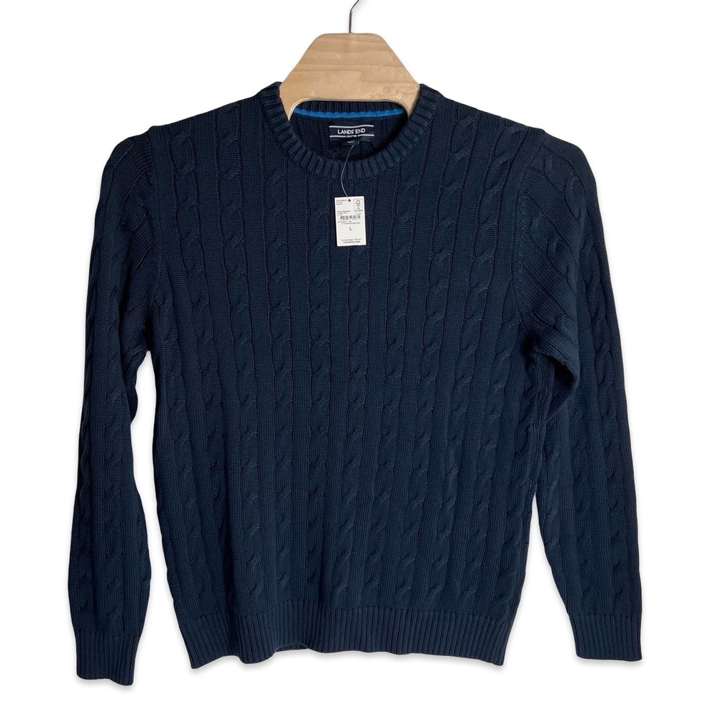 Lands End Drifter Mens Large Navy Blue Cable Knit Cotton Crewneck Sweater NEW